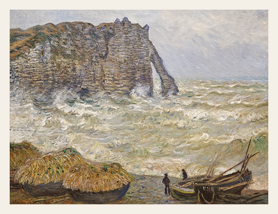 Painting of a coastal scene with cliffs, sea, and boats.