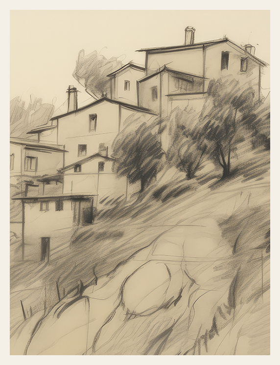 Artistic depiction of a village on a hillside with houses and trees.