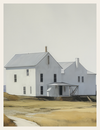 Painting of a house with a gray roof and white walls in a desert-like landscape.