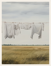 Clothes hanging on a line against a cloudy sky with a field in the background