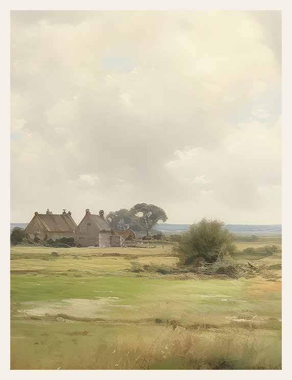 Scenic landscape with a house and trees under a cloudy sky