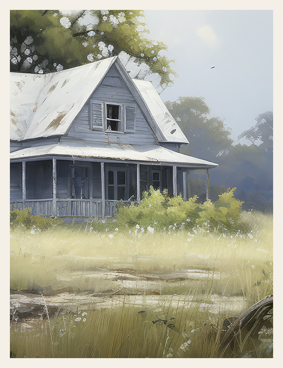 Old house with a porch in a grassy, overgrown area