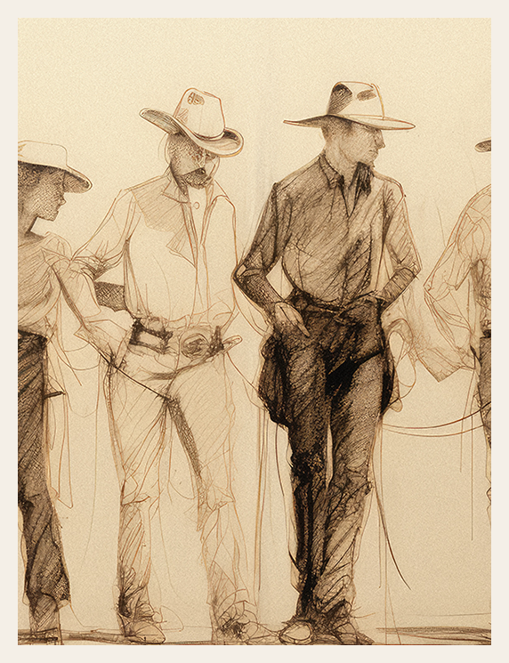 Illustration of three cowboys in a line, wearing hats and holding ropes.