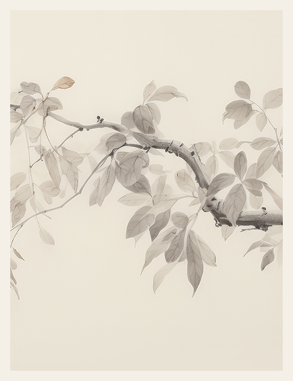 Artistic depiction of a branch with leaves on a light beige background
