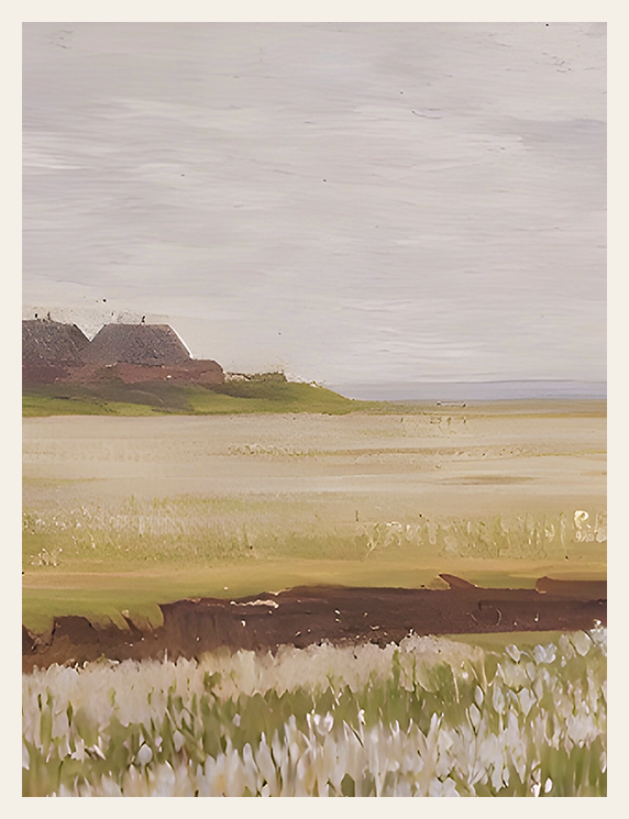 Landscape with fields, a building, and a cloudy sky.