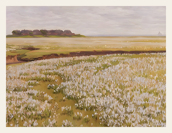Painting of a landscape with white flowers, green fields, and a cloudy sky.