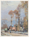 Painting of a village scene with trees and a house.
