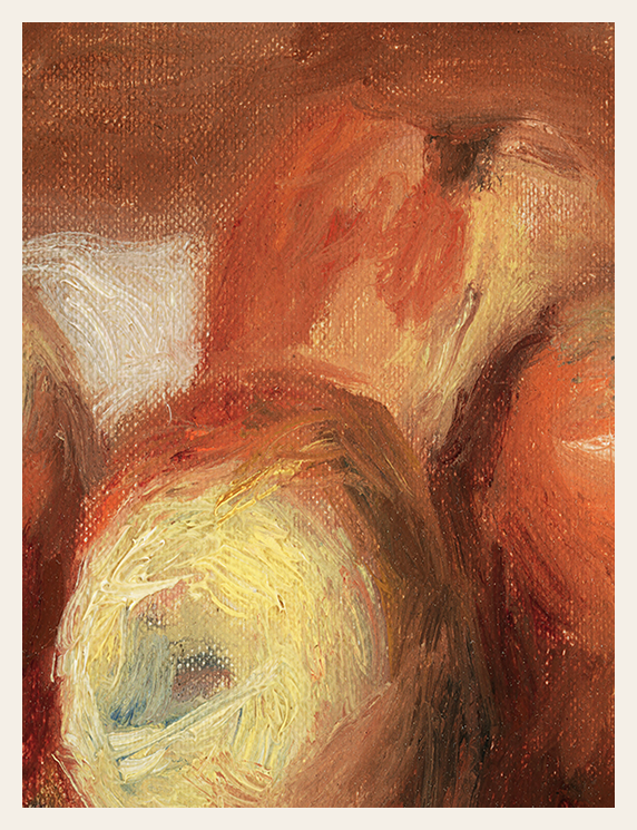 Abstract painting with warm tones of brown, orange, and yellow.