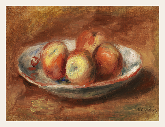 Still life painting of apples on a plate with a warm brown background