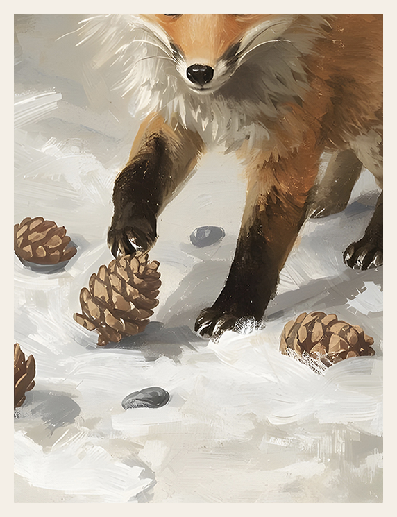 Fox in a snowy landscape with pinecones