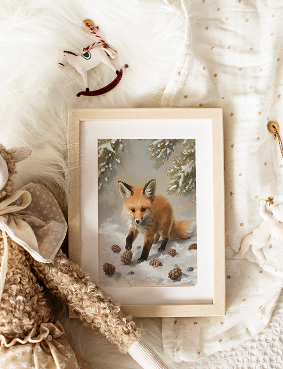 Framed print of a fox in a snowy scene on a soft, textured surface.