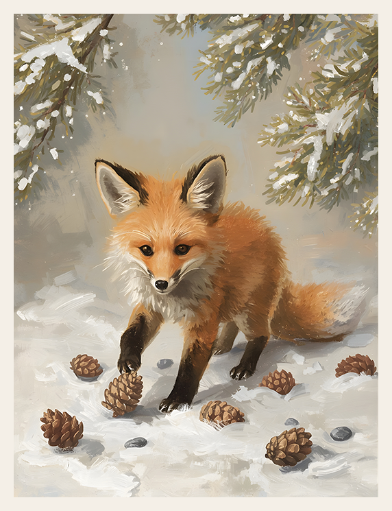Fox standing in the snow with pine cones and evergreen branches