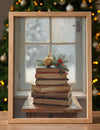 Stack of books with decorative items in front of a window with Christmas lights in the background