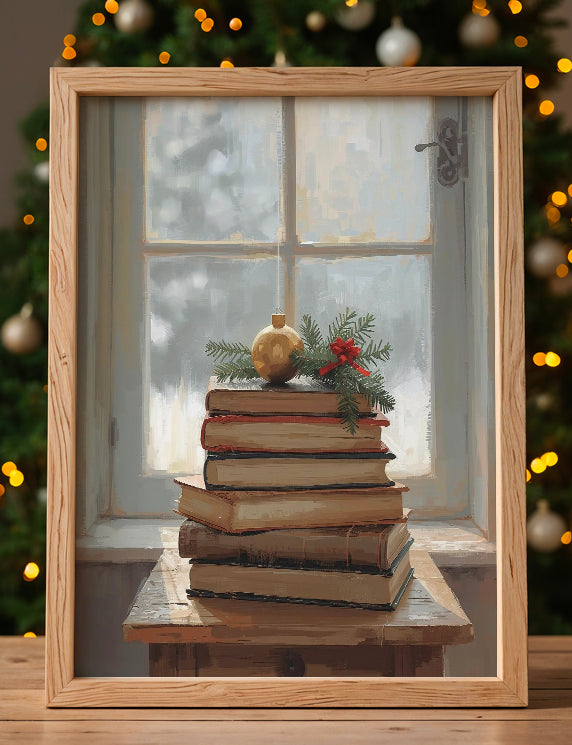 Stack of books with decorative items in front of a window with Christmas lights in the background
