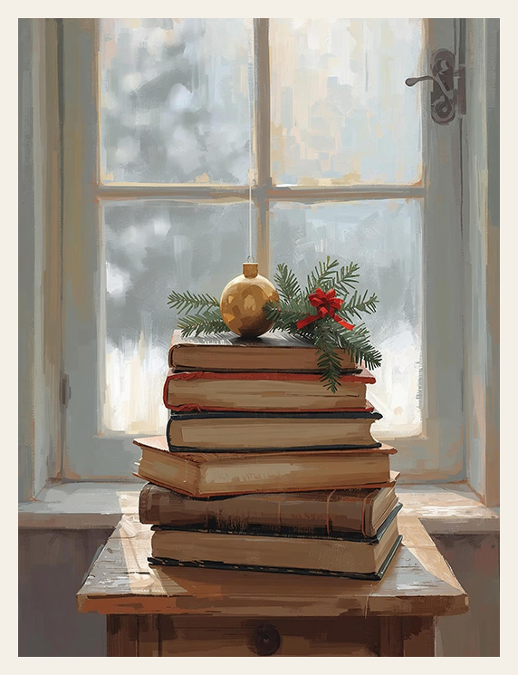 Stack of books with a decorative gold ornament and greenery on a wooden table in front of a window.