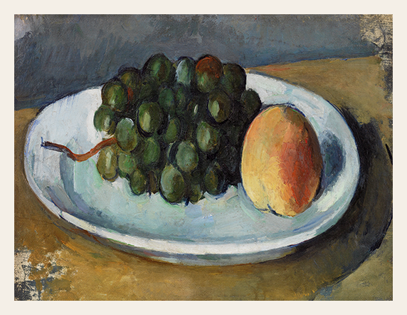 Still life painting of grapes and a peach on a plate by Paul Cézanne.