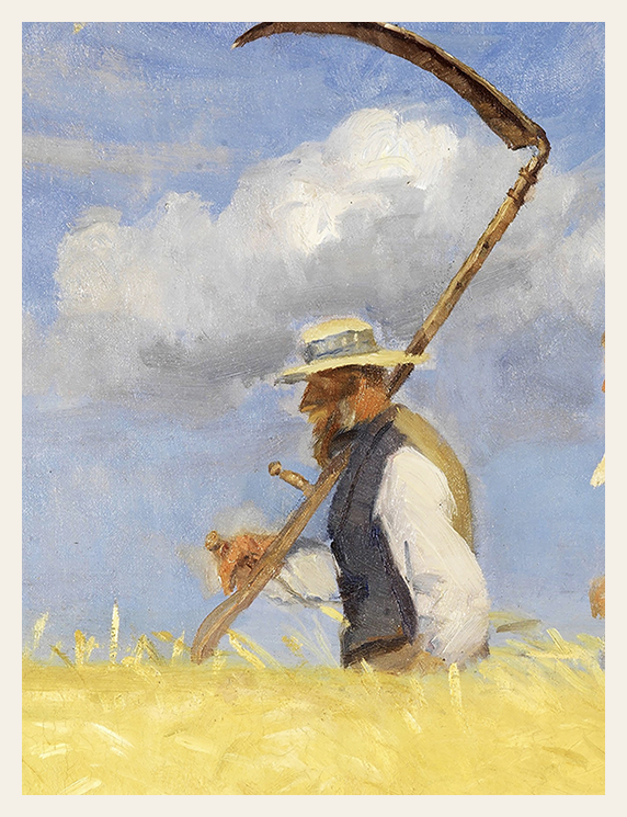 Painting of a farmer with a scythe in a field under a blue sky with clouds.