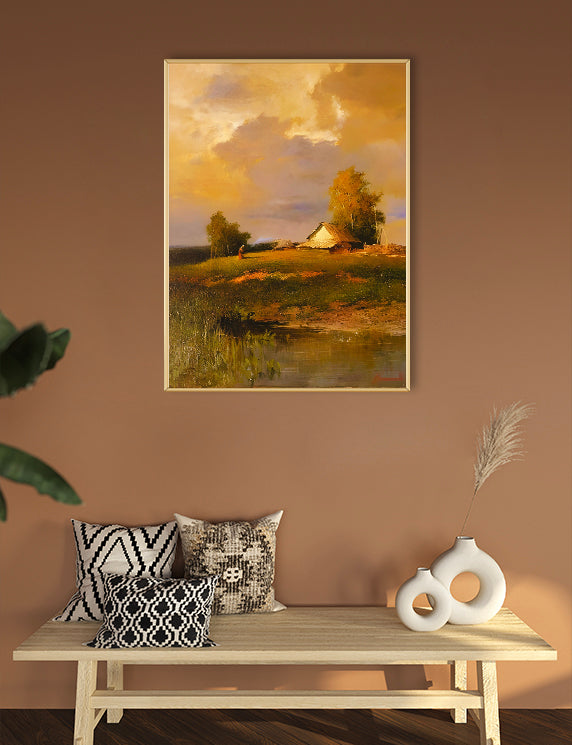Sitting area with a painting of a landscape on the wall, a wooden bench with decorative pillows, and a vase.