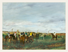 Painting of a horse race with jockeys on horses in a field.