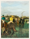 Painting of jockeys on horses at a race track with a cityscape in the background.