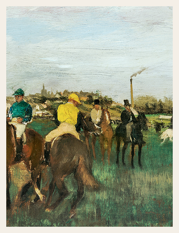 Painting of jockeys on horses at a race track with a cityscape in the background.