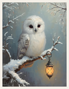 White owl perched on a snowy branch with a glowing lantern in the background