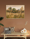 Framed landscape painting on a wall above a wooden bench with decorative pillows and vases.
