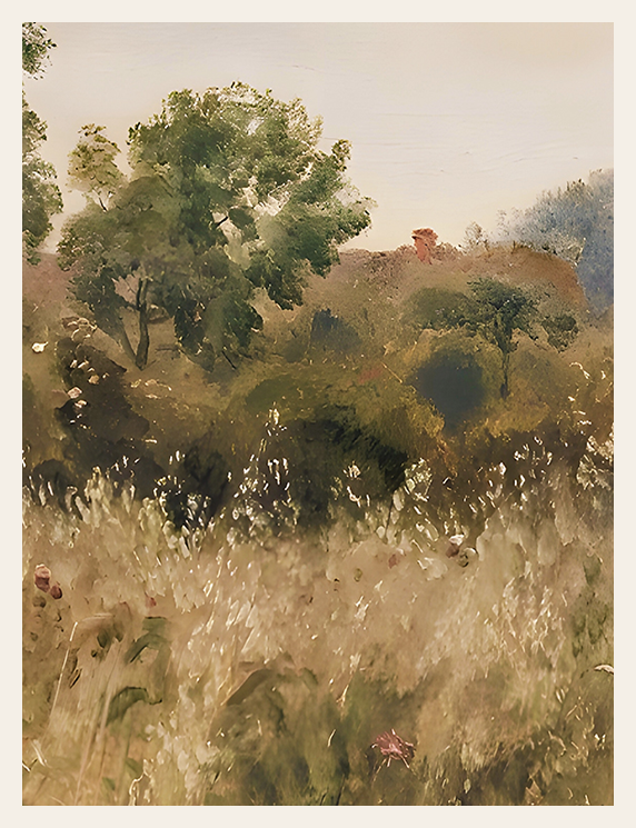 Landscape painting with trees and a person on a hill