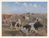 Painting of cows in a pen with a fence and open sky
