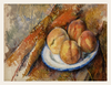 Still life painting of peaches on a plate with a textured background