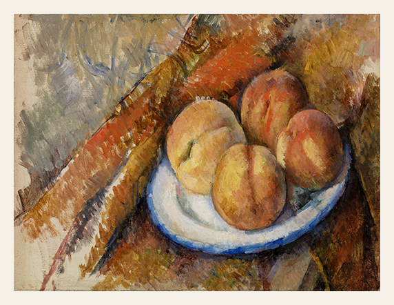 Still life painting of peaches on a plate with a textured background