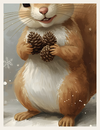 Illustration of a squirrel holding two pinecones with a snowy background