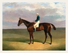 Painting of a jockey on a horse in an open field with a cloudy sky.