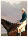 Painting of a jockey on a horse with a cloudy sky background