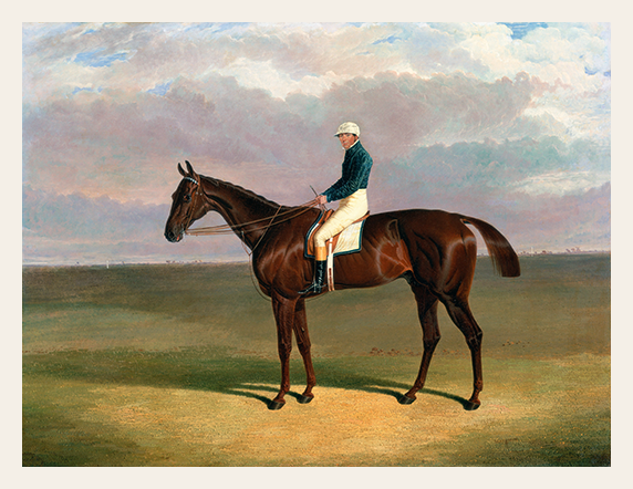 Painting of a jockey on a horse in an open field with a cloudy sky.