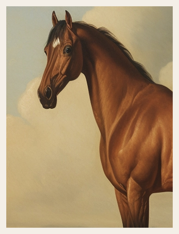Portrait in the Clearing is a study in strength and serenity. A glossy brown horse stands in profile, its muscular form rendered with anatomical precision and quiet dignity.
