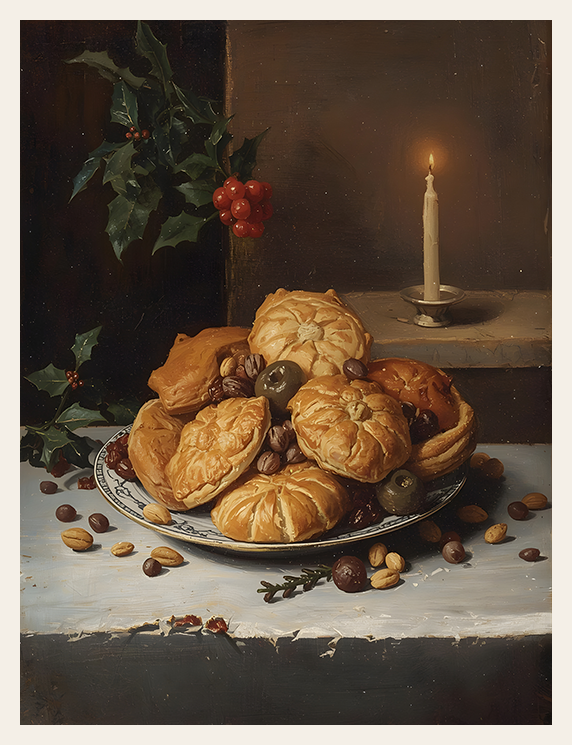 Still life painting of pastries on a plate with a candle and holly berries in the background.