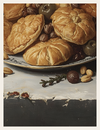 Still life painting of pastries, olives, and almonds on a plate.