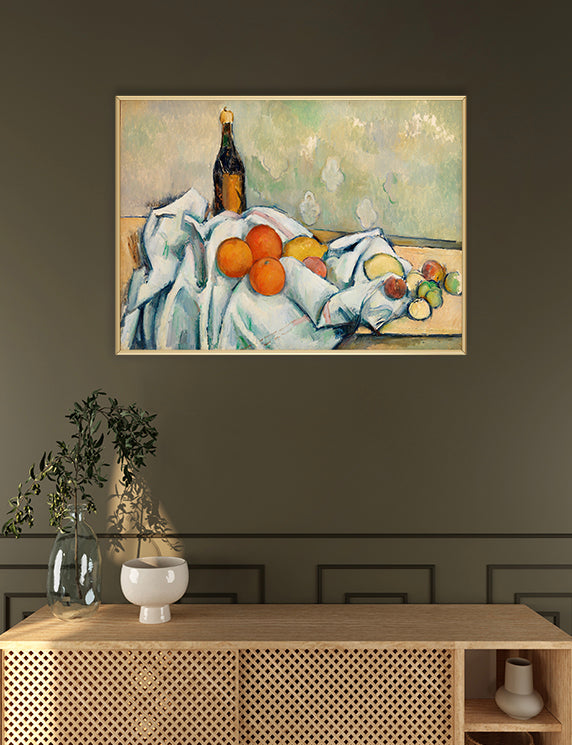 Framed still life painting on a wall above a wooden console table.