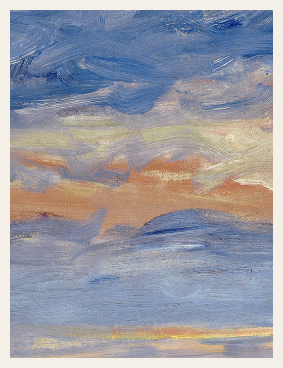 Abstract painting with wavy brush strokes in blue, orange, and white.