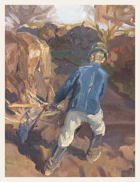 Painting of a person with a dog in a natural setting
