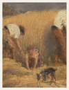 Painting of three people and a dog in a field, possibly engaged in agricultural work.