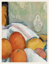 Still life painting with oranges and lemons on a white cloth against a textured wall.
