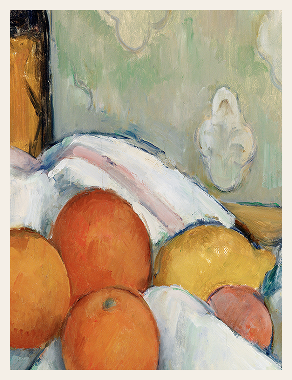 Still life painting with oranges and lemons on a white cloth against a textured wall.