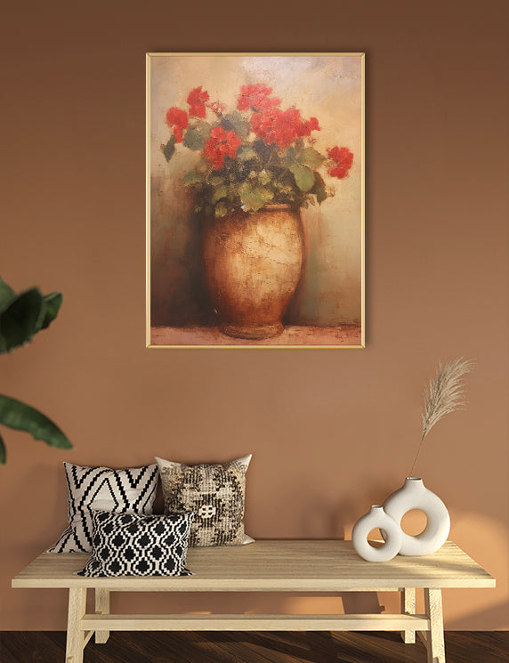 Red Blossoms in the Rustic Vase
