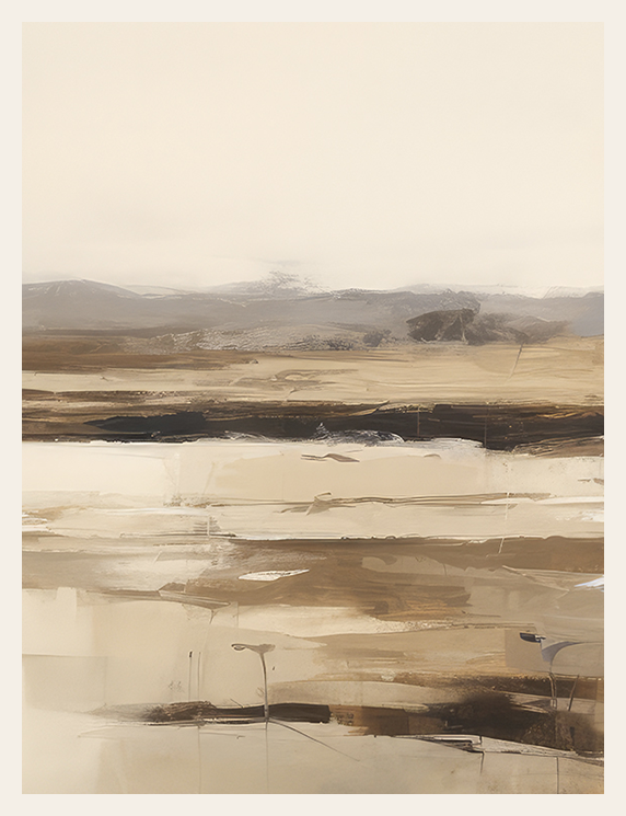 Hints of life, perhaps animals wandering in the distance, offer a narrative waiting to be discovered. With a neutral sky and soft composition, this artwork invites the viewer into a meditative state, ideal for spaces craving depth, calm, and grounding beauty.