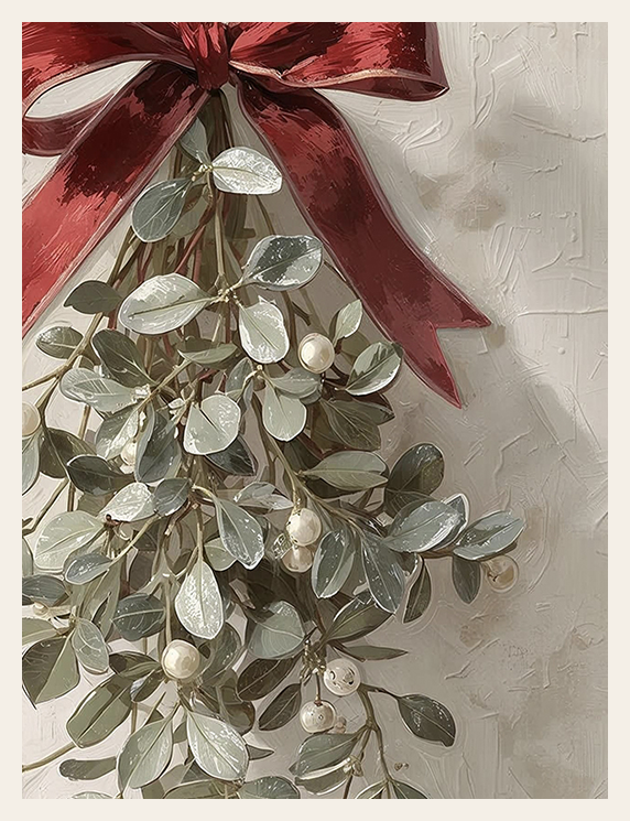 Mistletoe with a red bow on a textured beige background