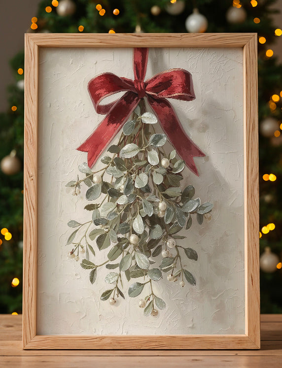 Framed artwork of mistletoe with a red bow on a neutral background, Christmas tree in the background.