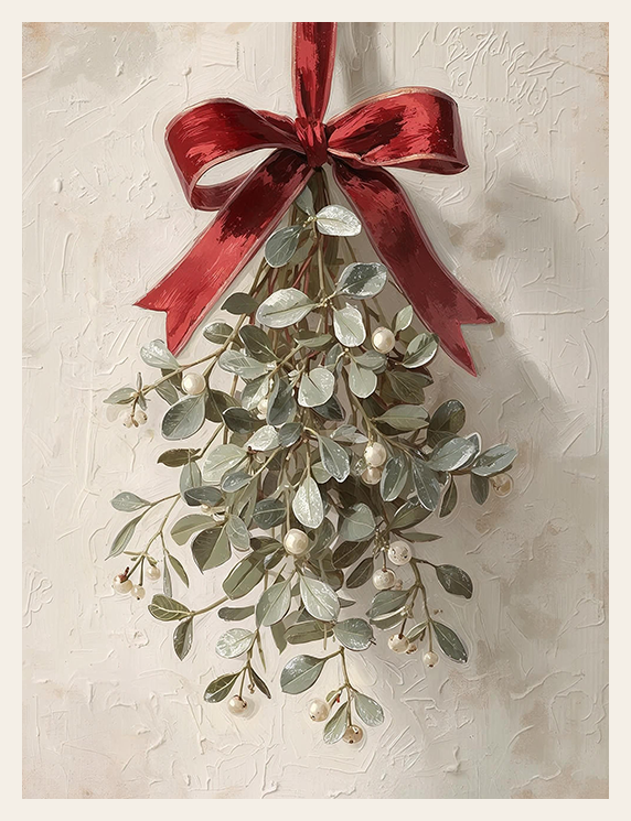 Decorative mistletoe with a red ribbon on a textured beige background