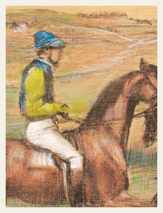 Painting of a jockey on a horse with a wooden texture overlay